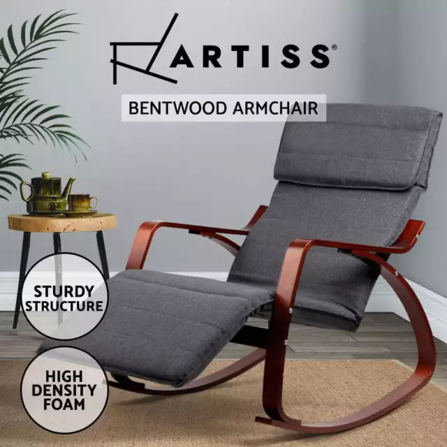 Artiss Bentwood Rocking Armchair Wooden Adjust Footrest Lounge Recliner Charcoal