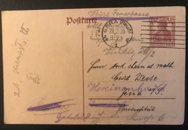 DR. GERA (Reuß). Ganzsache Germania 15pf. 1920