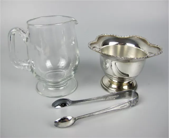 SUGAR BOWL Silver plated  & MILK JUG / CREAMER glass with tongs. Vintage 1940's