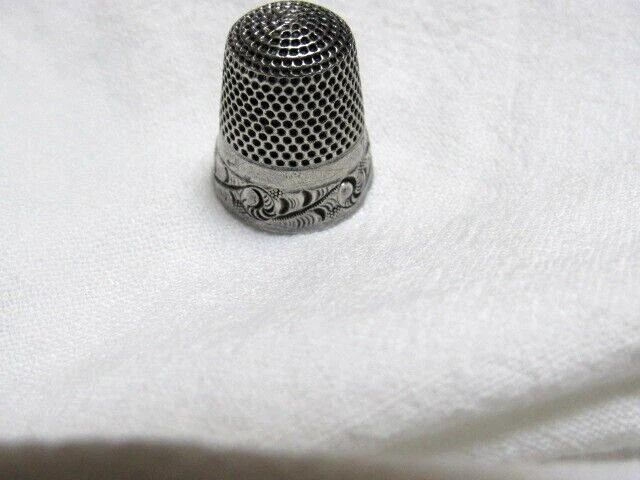 Antique Silver Thimble Crown Mark H Muhr's Size 7 Embossed Design