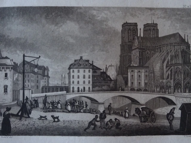 Engraving VUE PARIS PONT ARCHEVECHE SEINE ILE DE LA CITE QUAI MONTEBELLO 1820 2