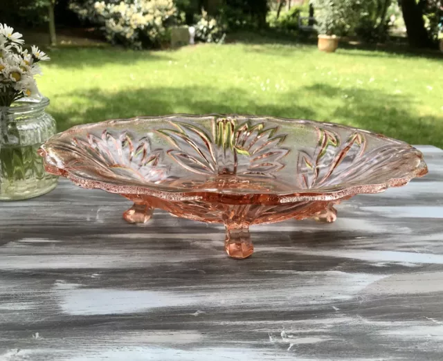 Antik Art Déco ovale Schale Pressglas Glasschale Rosalin rosa Obstschale 4füssig