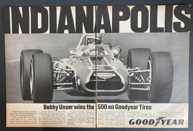 1968 Goodyear Tires Vintage Print Ad 2 Page Bobby Unser Indianapolis 500 Winner