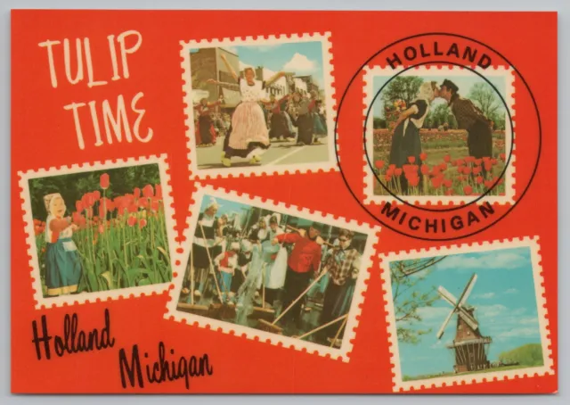 Flowers~Stamps With Tulip Time Scenes Holland Michigan~Continental Postcard