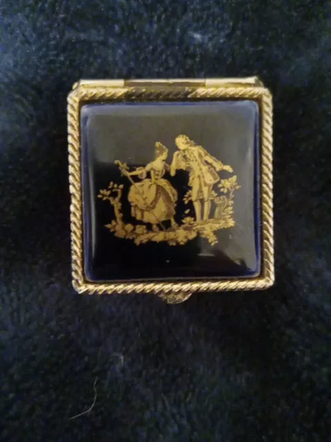 Antique Square Blue Enamel Pill Box W/Colonial Romantic Theme Vintage