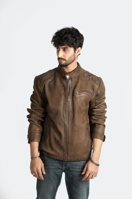 Hombre Estilo Motero Chaqueta de Cuero Marrón Piel Cordero Ajustado Moda