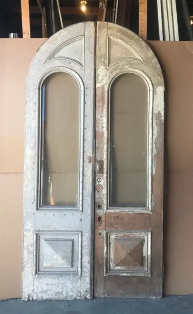 Pair Antique  Arched Top Entrance Doors Beveled Glass 29x114 Old VTG 488-23B