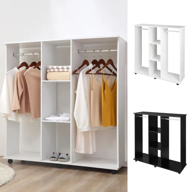 Mobile Open Wardrobe Storage Shelves w/6 Wheels Clothes Hanging Rail