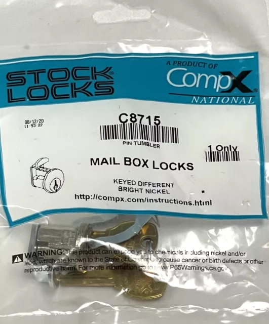 CompX C8735 Clockwise Dust Shutter Mail Box Lock Bright Nickel w/ 2 Keys