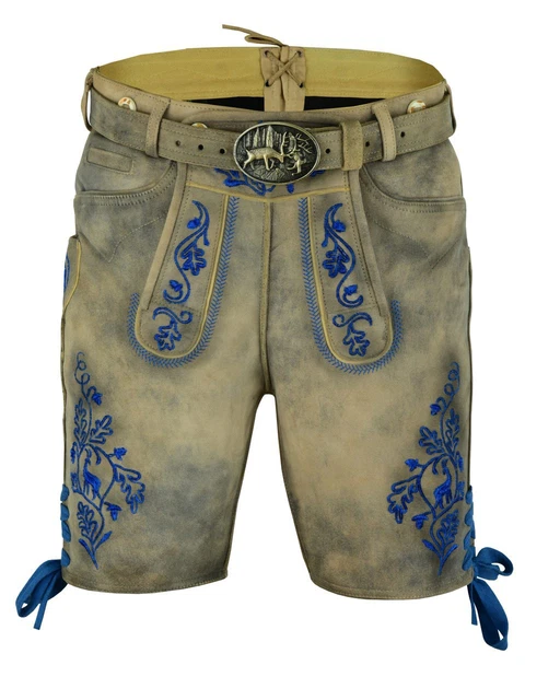 Lederhose Herren Kurz Trachtenlederhose antik braun Ziegenleder mit Gürtel 46-60