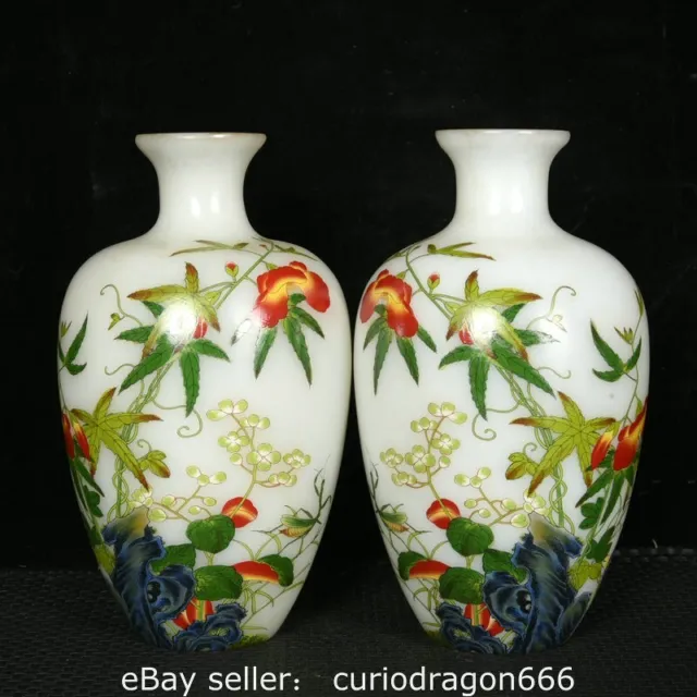 7.6" Yongzheng markierte Pastell Porzellan Blume Gras Insekt Vase Flasche Paar