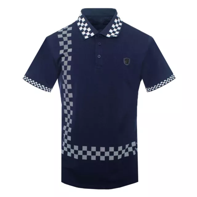 Mens Polo Shirt Checkered Plaid Body Stripe Chest Badge Slim Fit Golf Stretch