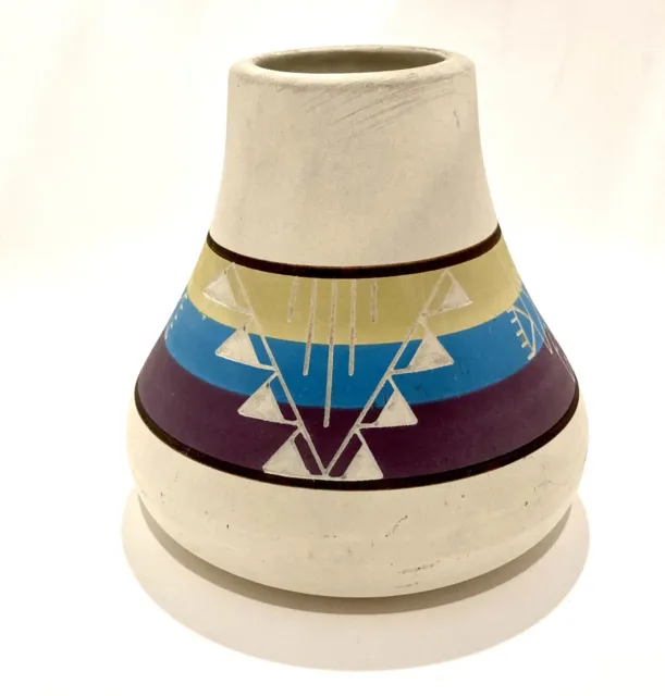 Vintage Native American Sioux Indian Pottery in Turquoise & Purple Artist Signed