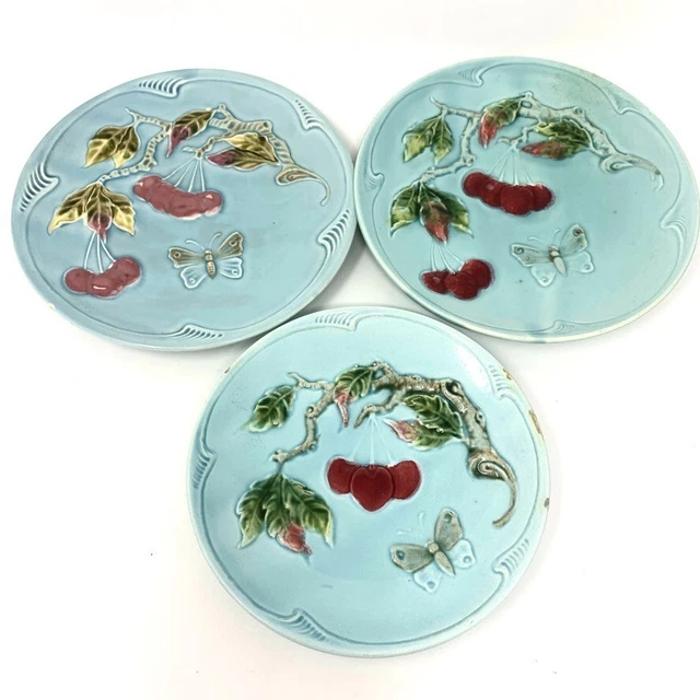 Majolica Aqua Blue Plates Cherries Butterfly Vintage GS ZELL Germany 3pc Set