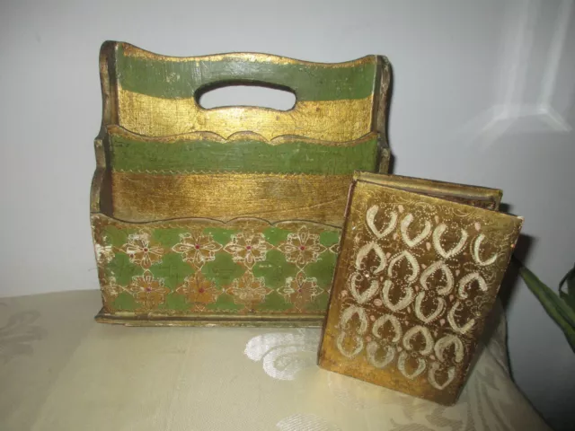 Vintage Hand Painted Gold Italian Florentine Letter Holder + dryptich st francis