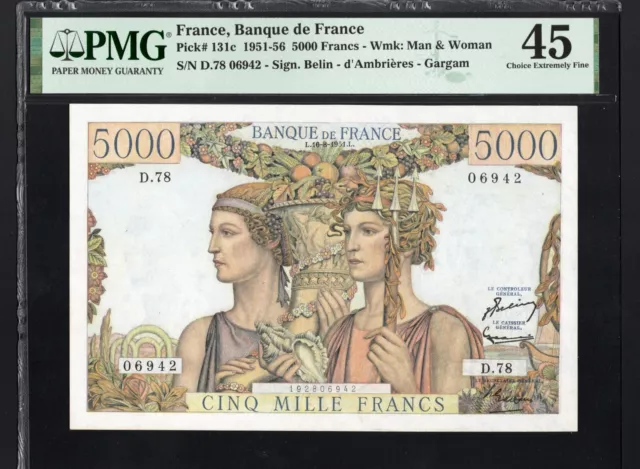 France 5000 Francs P131c 1951-56 PMG45 Choice EF Banknote Currency BEAUTIFUL