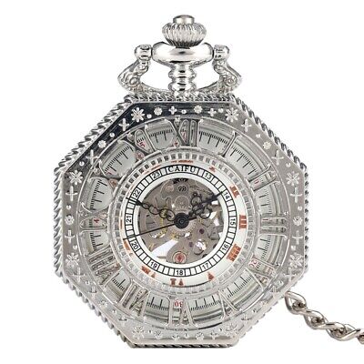 Mens Retro Vintage Octagon Pocket Watch Chain Hollow Mechanical Christmas Gifts