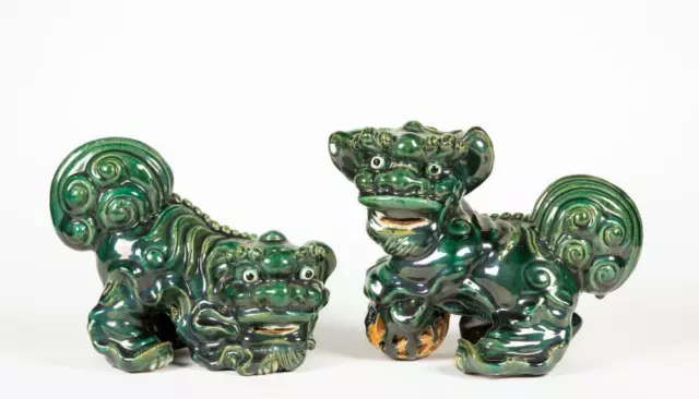 Pair of Chinese Foo Dogs Ceramic Porcelain Spinach Green Jade Glazed Vintage Lg