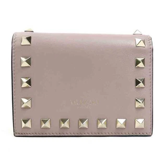Valentino Garavani Bi-Fold Wallet Leather Pink Greige Women Second Hand H2 uAP09