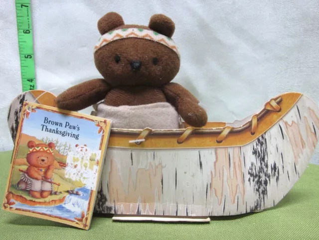 BROWN PAW’S THANKSGIVING Native American teddy bear Hallmark toy 1995 w/ canoe