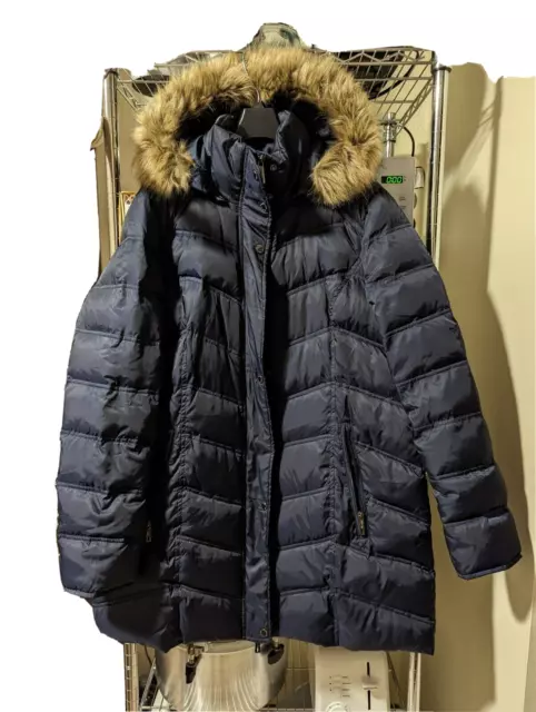 Kenneth Cole Women's Blue Faux-Fur-Trim Down Chevron Hooded Puffer Coat Size XL