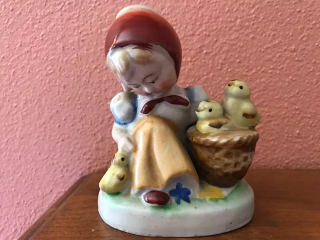 Occupied Japan Porcelain Antique Figurine Statue Girl Basket 3 Baby Chicks