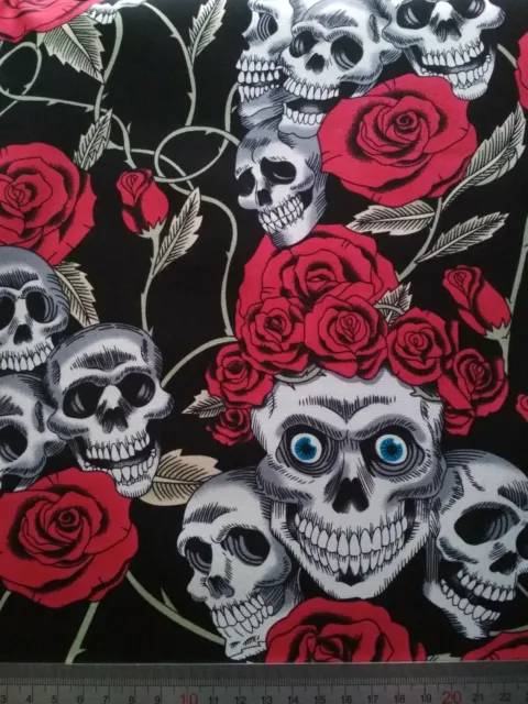 Skulls Roses Black Red 100% Cotton Poplin Fabric Material Halloween Goth Floral
