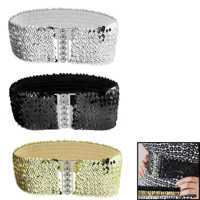Lady Glitter Sequin Belts Elastic Stretch Dress Buckle Sparkly Tops Waistband UK
