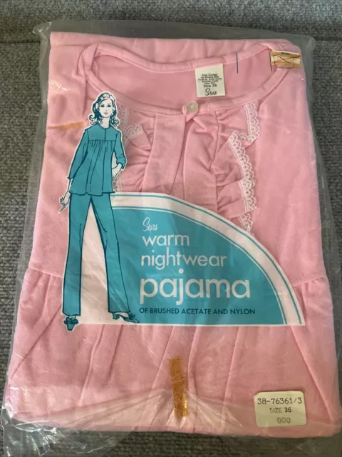 Vintage Sears Warm Nightwear Pink Pajamas Top Shirt Pants Set Size 36 Womens NOS