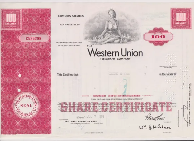 Western Union Telegraph Company Stock Certificate New York