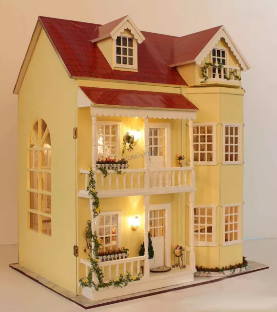 Large Fairy Villa DIY Miniature Wooden Dollhouse with Music Box LED Lights Gift