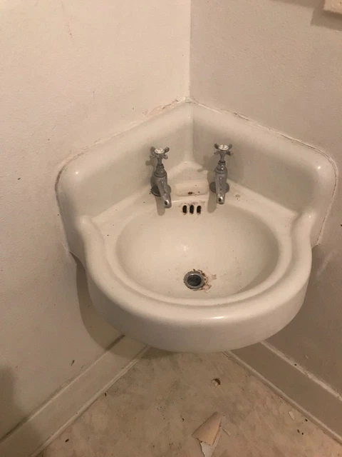 1920 Antique Cast Iron White Porcelain Bath Corner Sink Old Vintage with holders