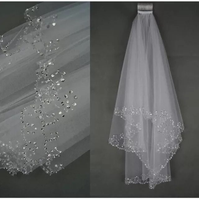 UK 2 Layer White/Ivory Elbow Length Beads Edge Wedding Bridal Veil with Comb New