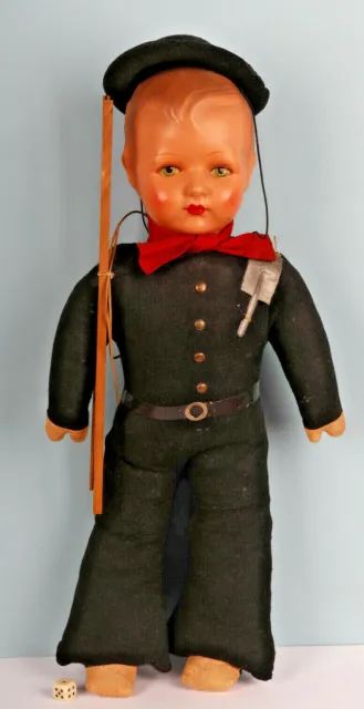 57cm, Antike Puppe, Schornsteinfeger, Zelluloid-Kopf, Körper mit Stroh gefüllt