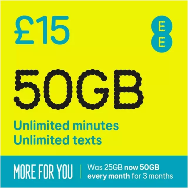 EE Sim Card Pay As You Go £15 Pack 50GB Data Unlimited SMS Mini Micro Nano PAYG