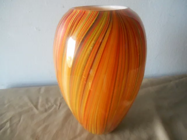 Vintage Cased/Heavy/Thick/Hand Blown Art Vase-Murano Style 9.5" Red Green Yelloe