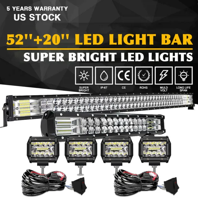 52in Curved 5D LED Light Bar Combo 20''+ Wiring For Jeep Ford Offroad Truck SUV