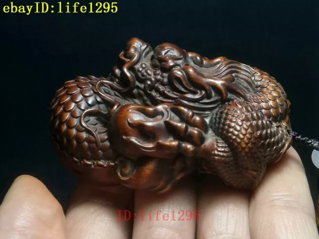 L 7 CM Chinese Boxwood Hand Carved Dragon Statue Old netsuke table Ornament Gift