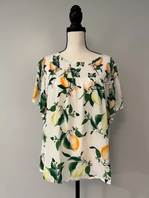 NWT ANN TAYLOR Factory S/S Flutter Sleeve Top LEMON/FRUIT Print Sz Large