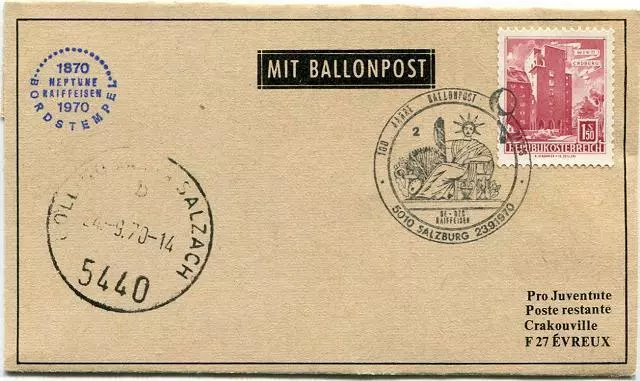 1970 Ballonpost Special Pro Juventute Aerostato OE-DZG Letter to Graz 100 Anni