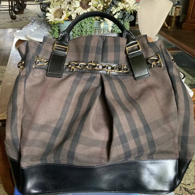 RARE Burberry Smoke Check Barbed Wire Leather Canvas Tote Bag. Extra Large.