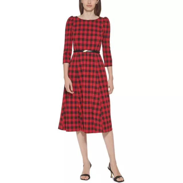 Calvin Klein Womens Red Crepe Buffalo Checkered Midi Dress 14 BHFO 1207