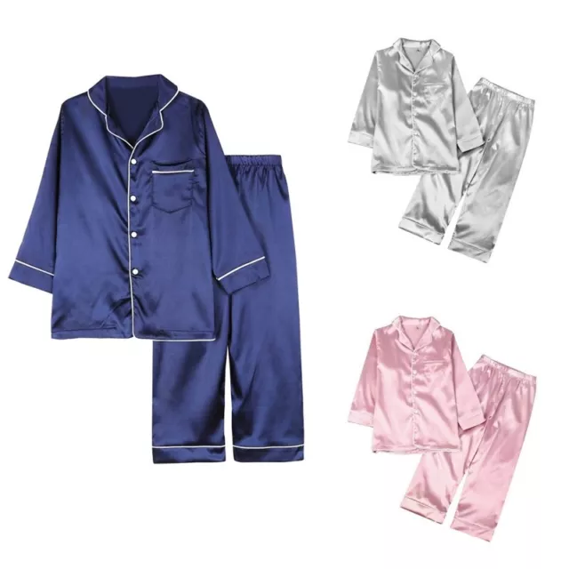 Kids Summer Silky 2Pcs Sleep Pajamas Set Long Sleeve Lapel Button Top with Pants