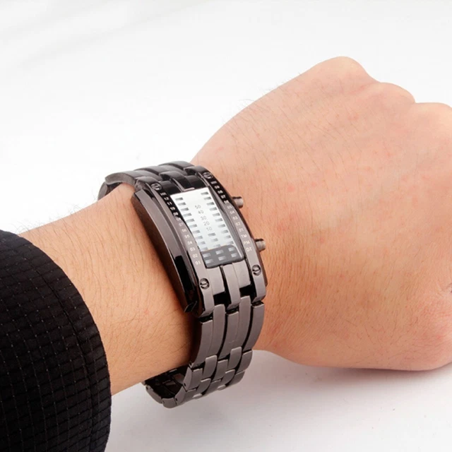 Women's Stylish Stainless Steel Blue LED Binary Watch Precise Quartz Movement