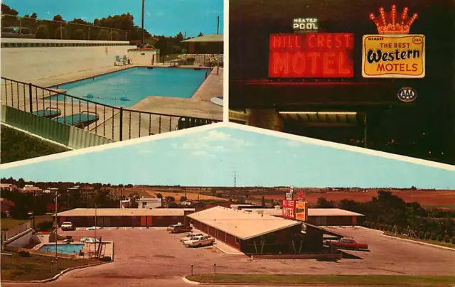 Roadside Postcard Hill Crest Motel, Pratt, Kansas - 3 Views - circa 1960s
