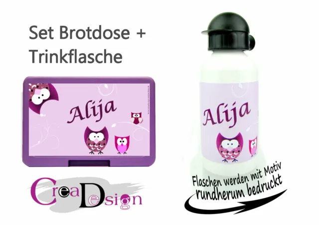 Brotdose Pausenbox Brotbox mit Namen Trinkflasche Alutrinkflasche  Eule