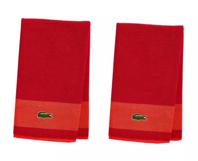 Lot Of 2 Lacoste Bath Towels 30”x52” Red 100% Cotton w Iconic Crocodile NEW