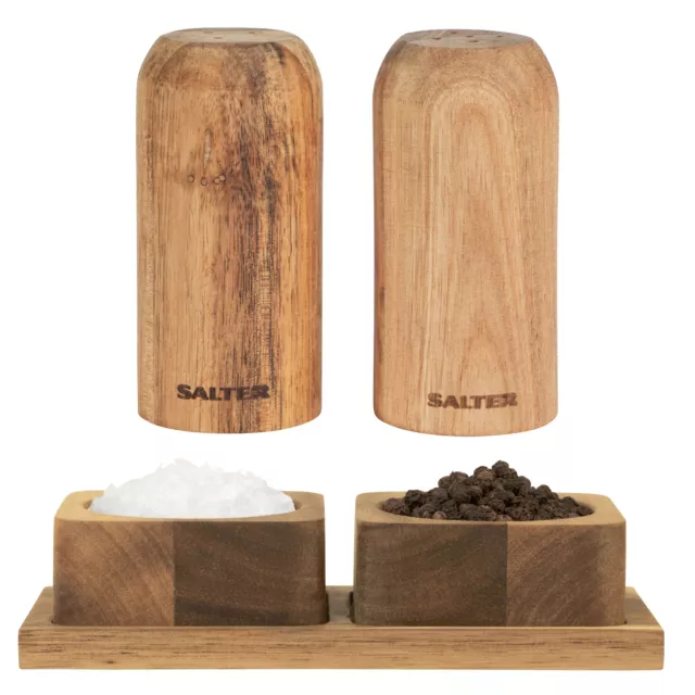Salter Toronto Salt & Pepper Set Shakers Pinch Pots Wooden Salt Pig Dispensers