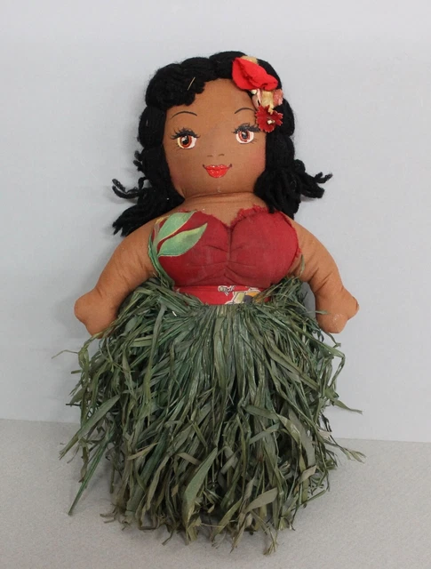 Vintage Hula Girl Cloth Doll Straw Grass Skirt Painted Eyes & Mouth 1930s 1940s