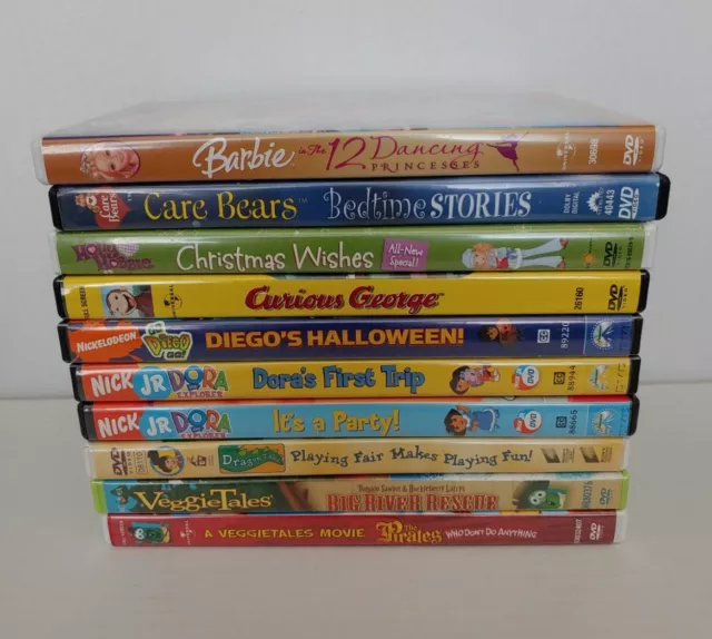 Lot of 10 Kid Friendly DVDs incl. Barbie, Curious George, Dora, Veggie Tales